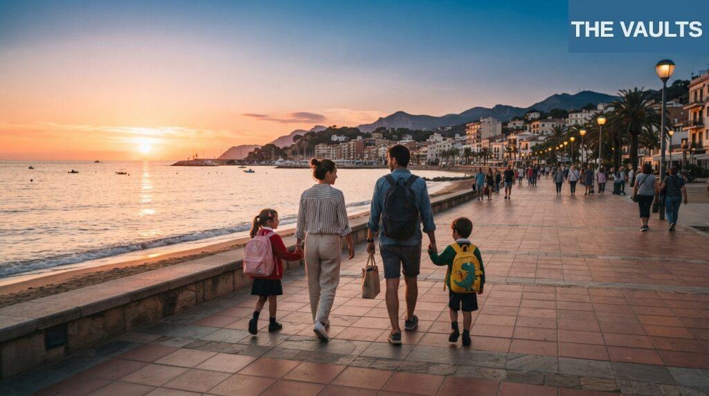Familia paseando junto al mar en el Maresme cerca de Barcelona