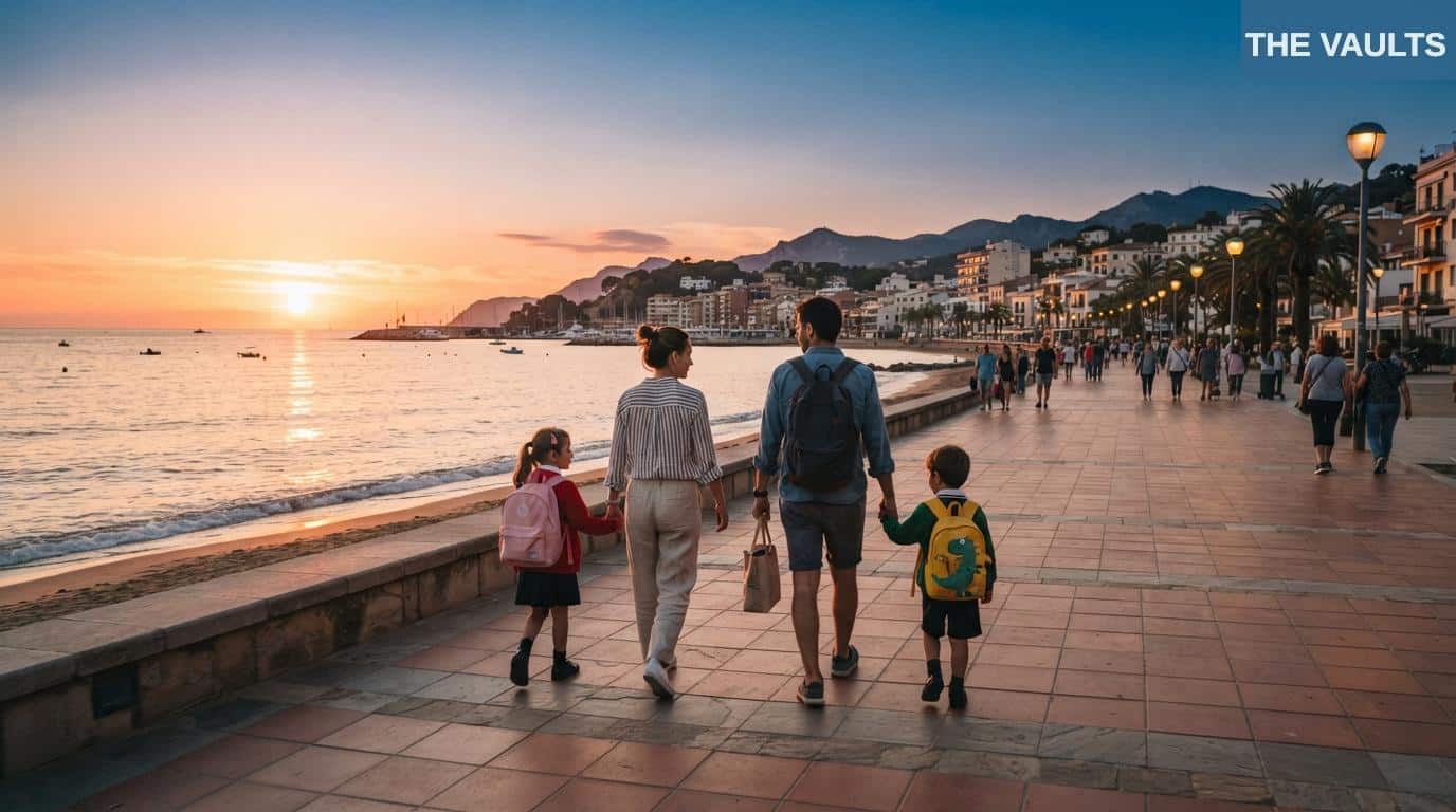 Familia paseando junto al mar en el Maresme cerca de Barcelona